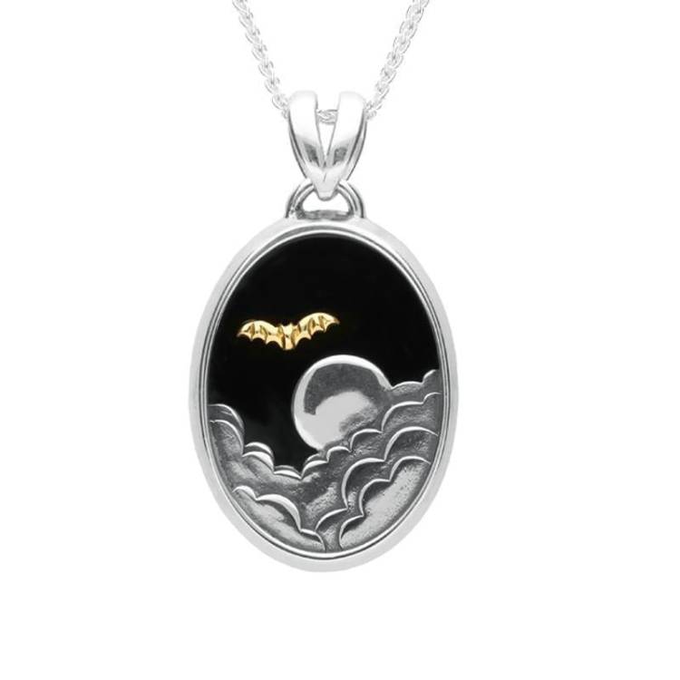 Sterling Silver 9ct Yellow Gold Whitby Jet Oval Moon Bat Necklace - Yellow Gold