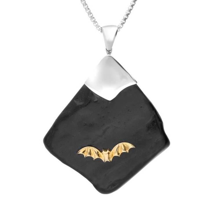 Sterling Silver 9ct Yellow Gold Whitby Jet Rough Abstract Bat Necklace - Yellow Gold