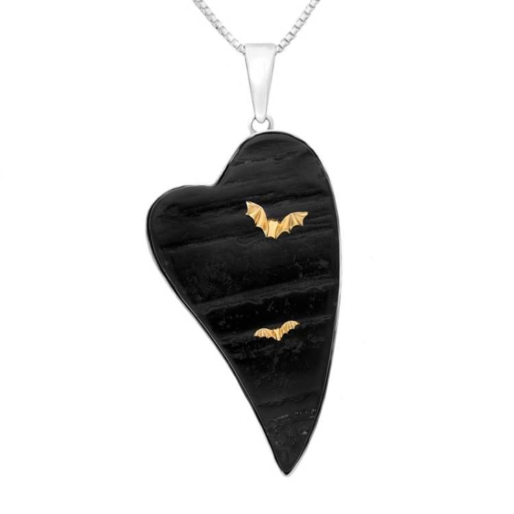 Sterling Silver 9ct Yellow Gold Whitby Jet Rough Heart Bat Necklace - Yellow Gold
