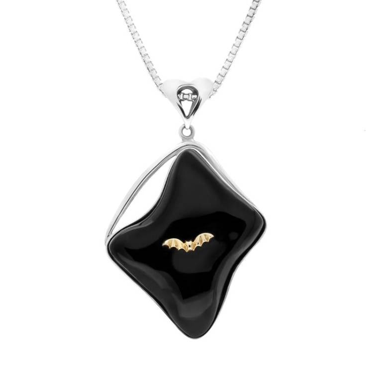 Sterling Silver 9ct Yellow Gold Whitby Jet Abstract Oblong Unique Bat Necklace - Yellow Gold