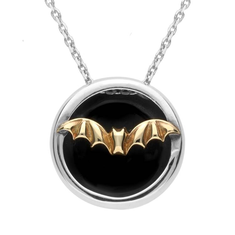 Sterling Silver 9ct Yellow Gold Whitby Jet Round Gothic Bat Necklace - Yellow Gold