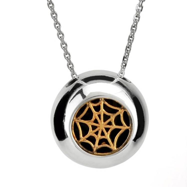 Sterling Silver 9ct Yellow Gold Whitby Jet Round Gothic Web Necklace - Yellow Gold