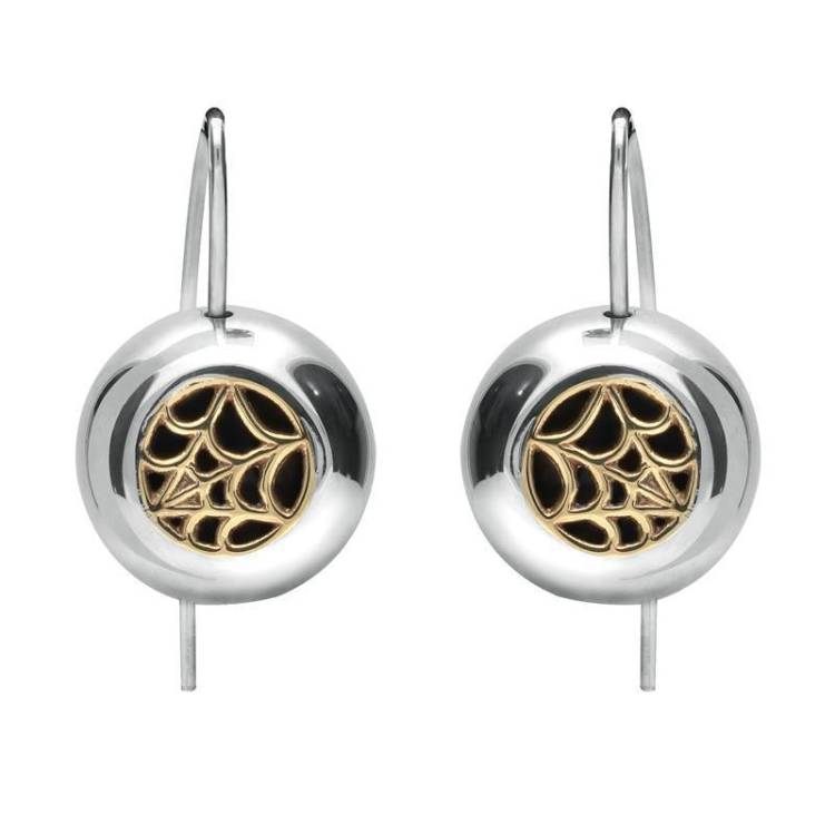 Sterling Silver 9ct Yellow Gold Whitby Jet Spider Web Hook Earrings - Yellow Gold
