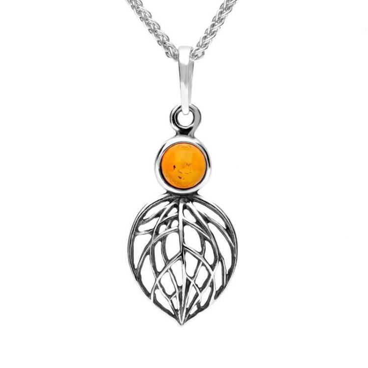 Sterling Silver Amber Abstract Leaf Necklace - Silver
