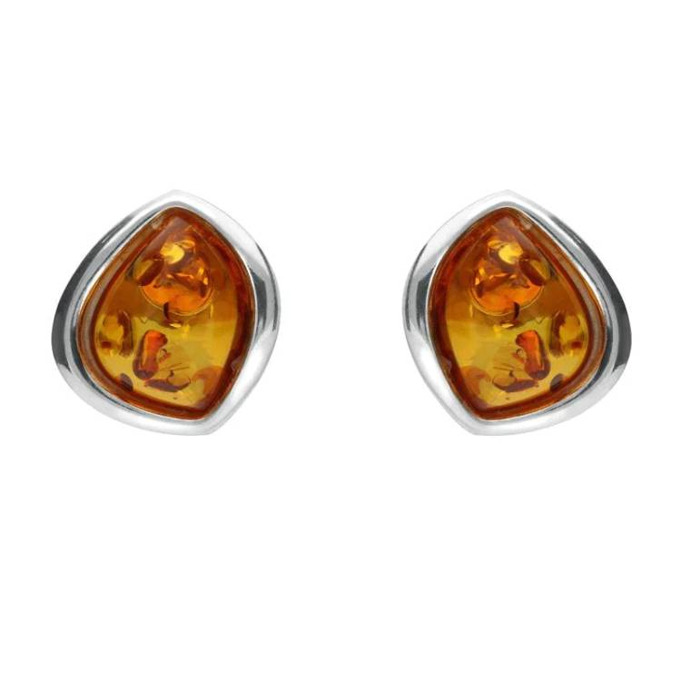 Sterling Silver Amber Abstract Marquise Stud Earrings - Silver