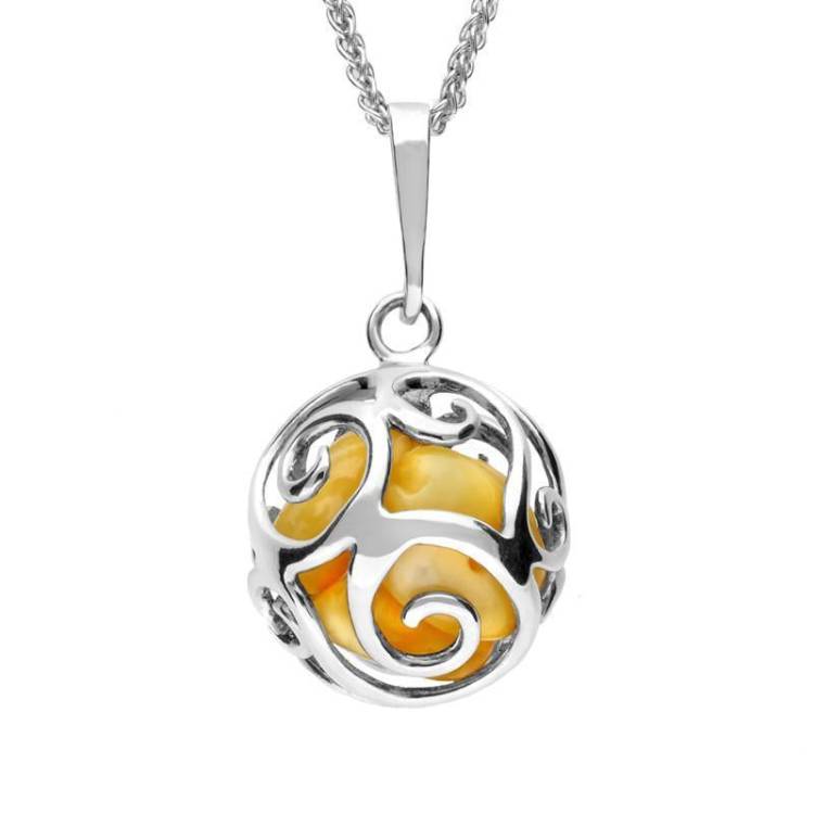 Sterling Silver Amber Bead Swirled Cage Necklace - Option1 Value Silver