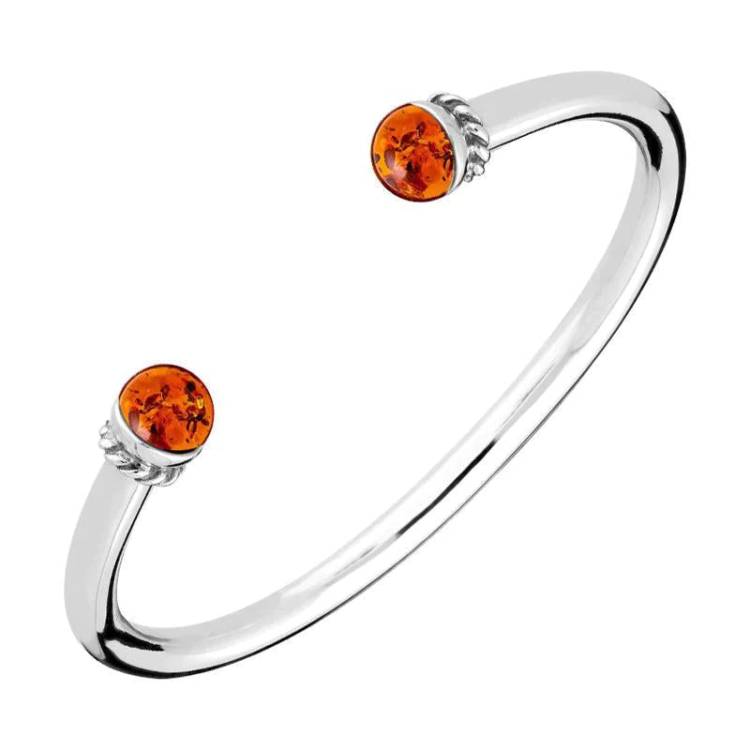 Sterling Silver Amber Bead Torc Twist Bangle - Silver
