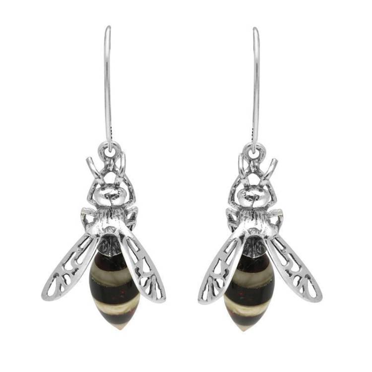 Sterling Silver Amber Body Bee Drop Earrings - Silver