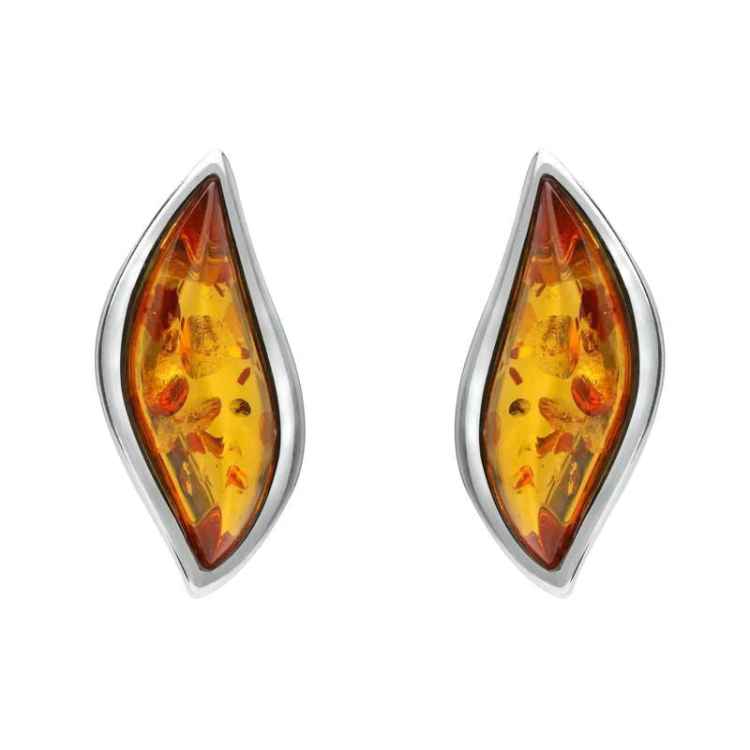 Sterling Silver Amber Leaf Stud Earrings - Silver