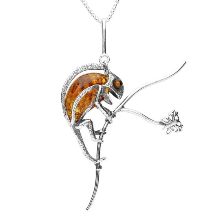 Sterling Silver Amber Chameleon On Branch Necklace - Silver
