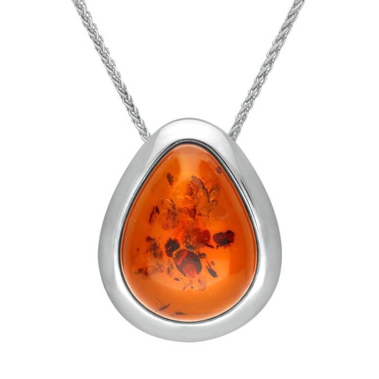 Sterling Silver Amber Chunky Pear Framed Necklace - Silver