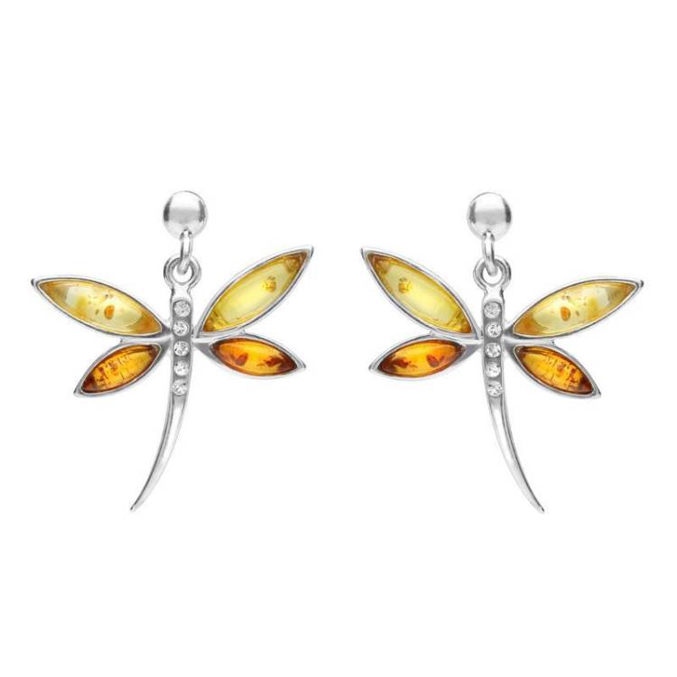 Sterling Silver Honey Amber Cubic Zirconia Dragonfly Drop Earrings - Option1 Value Silver