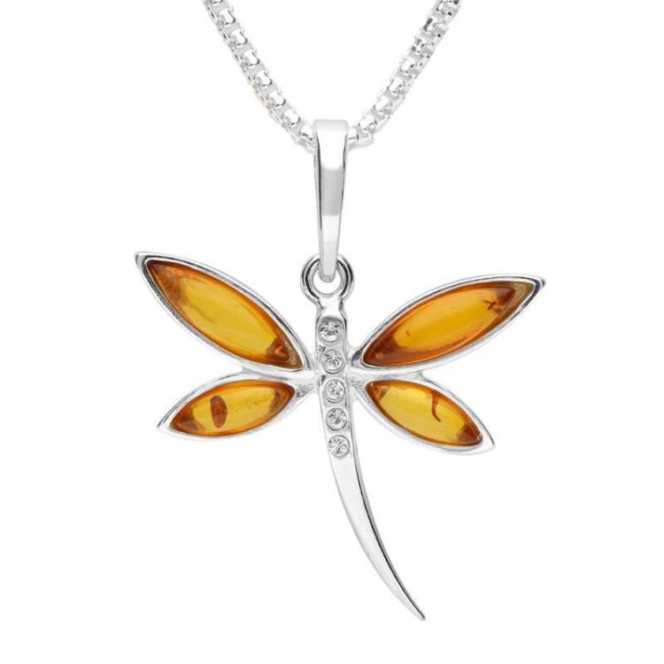 Sterling Silver Amber Cubic Zirconia Dragonfly Necklace - Option1 Value Silver