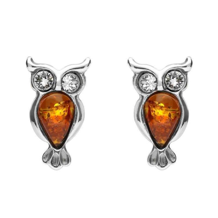 Sterling Silver Amber Cubic Zirconia Owl Stud Earrings - Option1 Value Silver