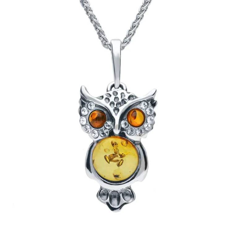 Sterling Silver Amber Cubic Zirconia Owl Medium Necklace - Option1 Value Silver