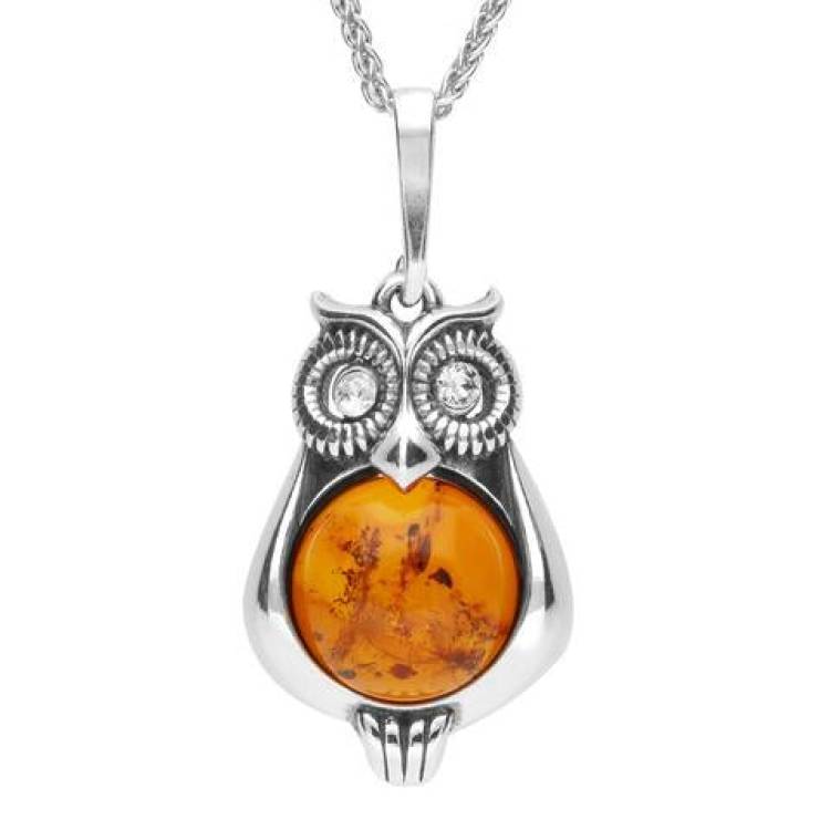 Sterling Silver Amber Cubic Zirconia Owl Necklace - Option1 Value Silver