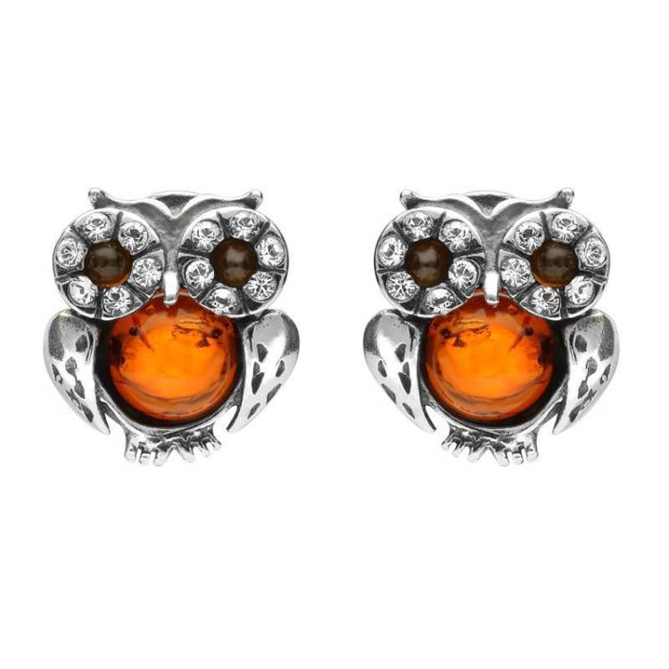 Sterling Silver Amber Cubic Zirconia Small Owl Stud Earrings - Option1 Value Silver