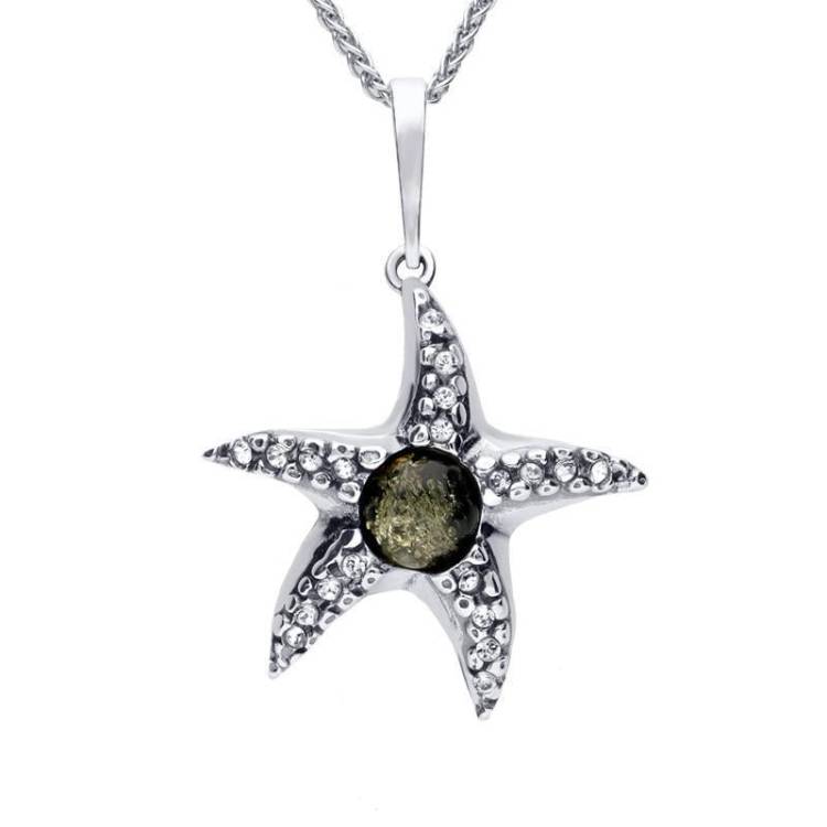 Sterling Silver Amber Cubic Zirconia Starfish Necklace - Silver