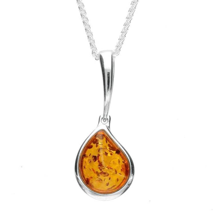 Sterling Silver Amber Curved Pear Drop Necklace - Silver