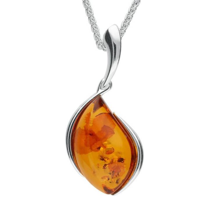 Sterling Silver Amber Curved Pear Necklace - Silver