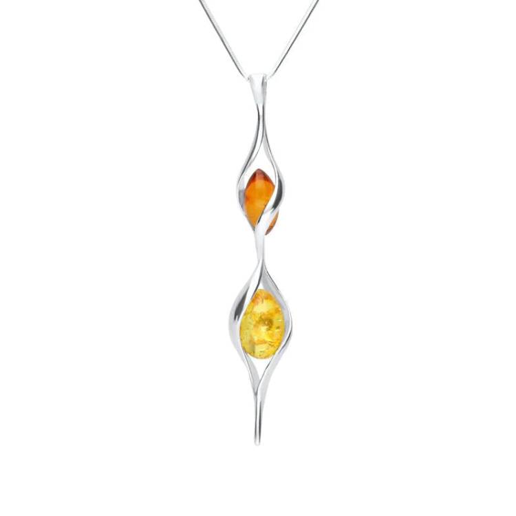 Sterling Silver Amber Double Graduated Twist Bead Necklace - Silver