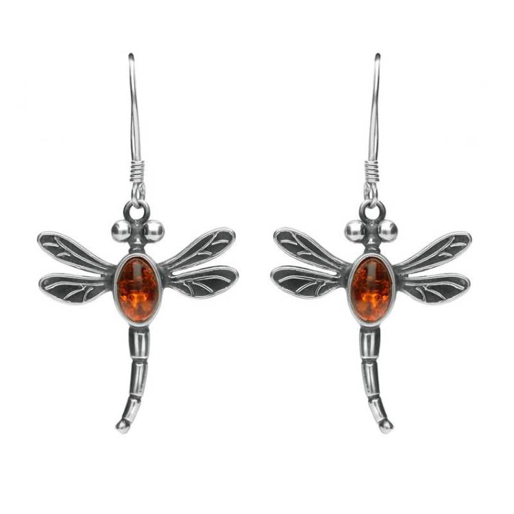 Sterling Silver Amber Dragonfly Hook Earrings - Option1 Value Silver