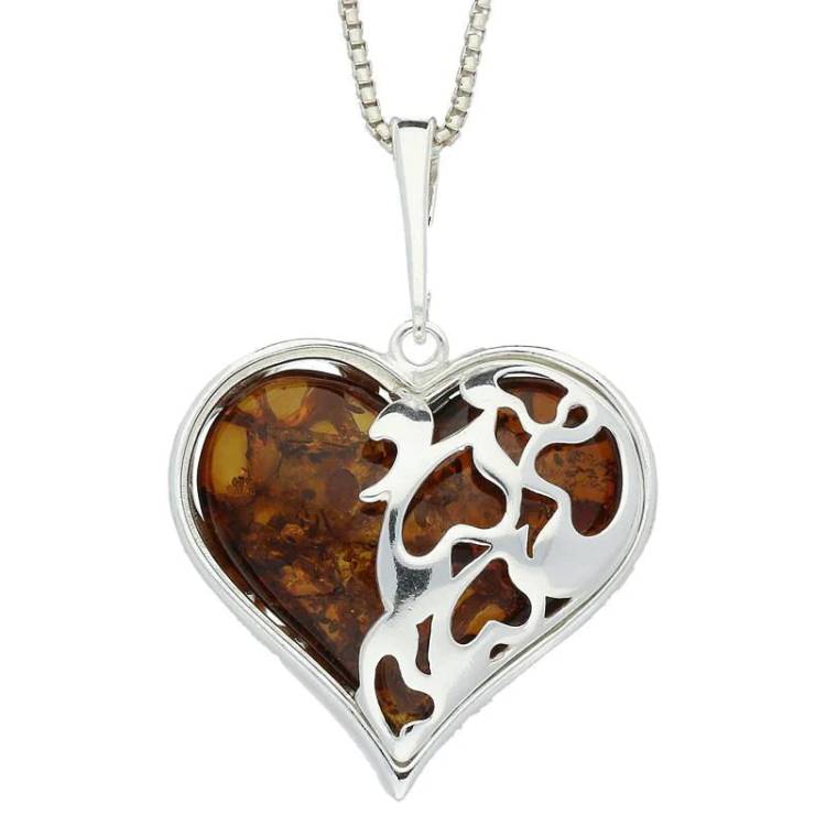 Sterling Silver Amber Encased Large Heart Necklace - Silver