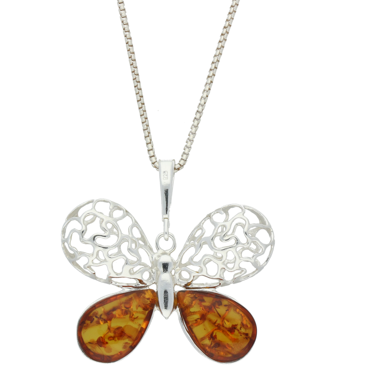 Sterling Silver Amber Filigree Butterfly Necklace - Option1 Value Silver