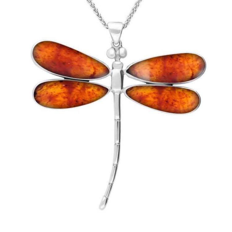 Sterling Silver Amber Four Stone Large Dragonfly Necklace - Option1 Value Silver
