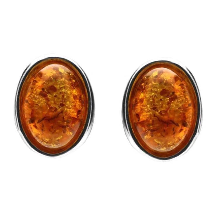 Sterling Silver Amber Framed Oval Stud Earrings - Silver