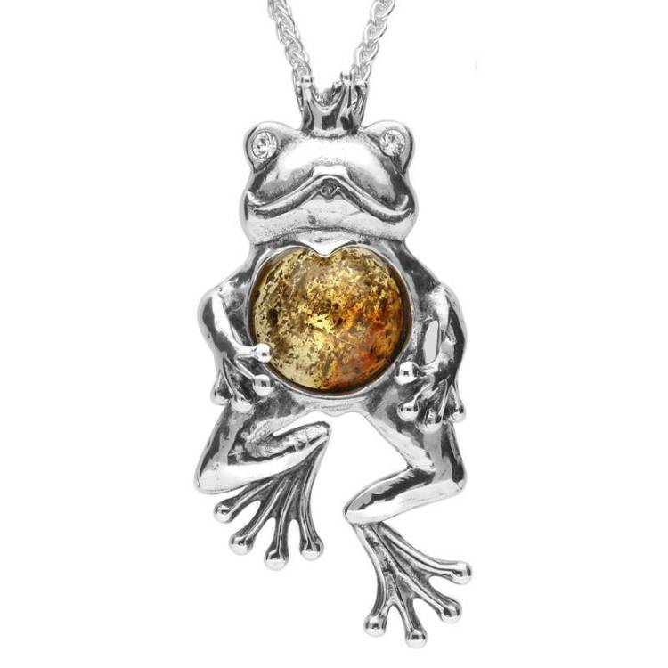 Sterling Silver Amber Frog With Crown Necklace - Option1 Value Silver