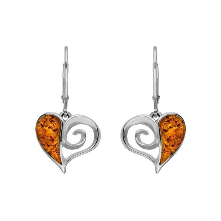 Sterling Silver Amber Heart Drop Earrings - Silver