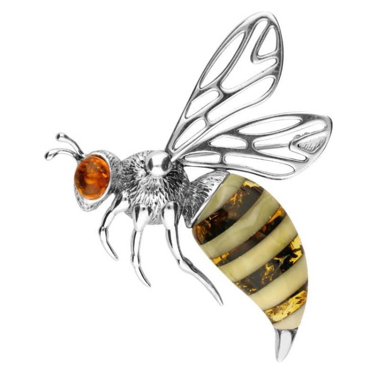 Sterling Silver Amber Honey Bee Brooch - Option1 Value Silver