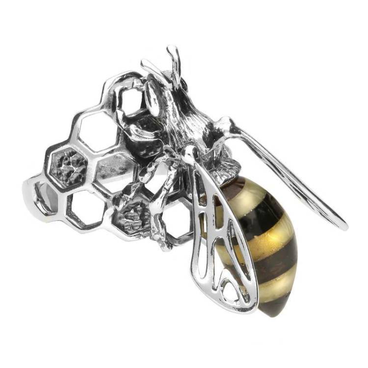 Sterling Silver Amber Honeycomb Bee Ring - Option1 Value Silver