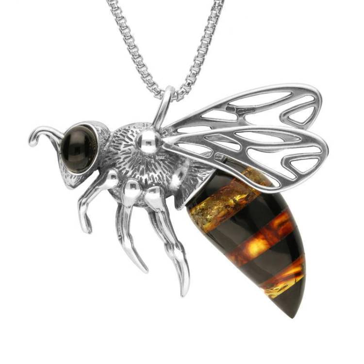 Sterling Silver Amber Large Bee Necklace - Silver