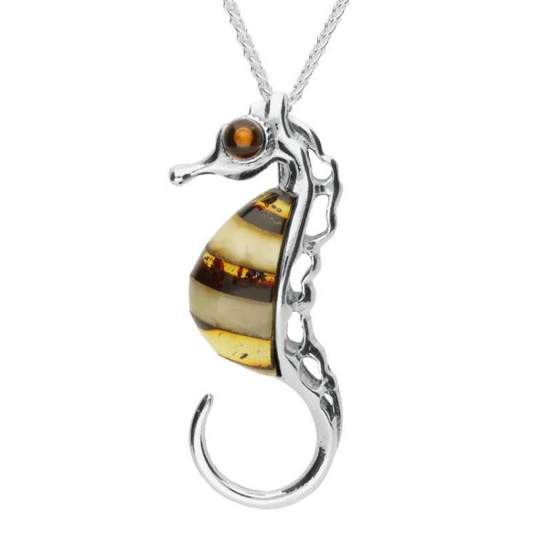Sterling Silver Amber Large Seahorse Necklace - Silver