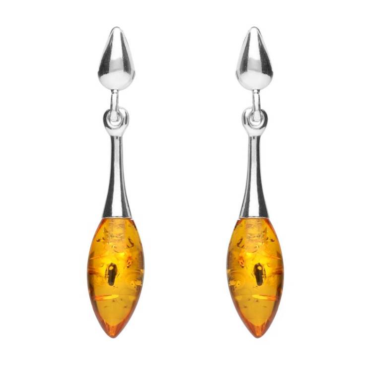 Sterling Silver Amber Long Slim Marquise Drop Stud Earrings - Silver