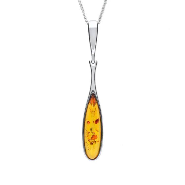 Sterling Silver Amber Long Slim Peardrop Necklace - Option1 Value Silver