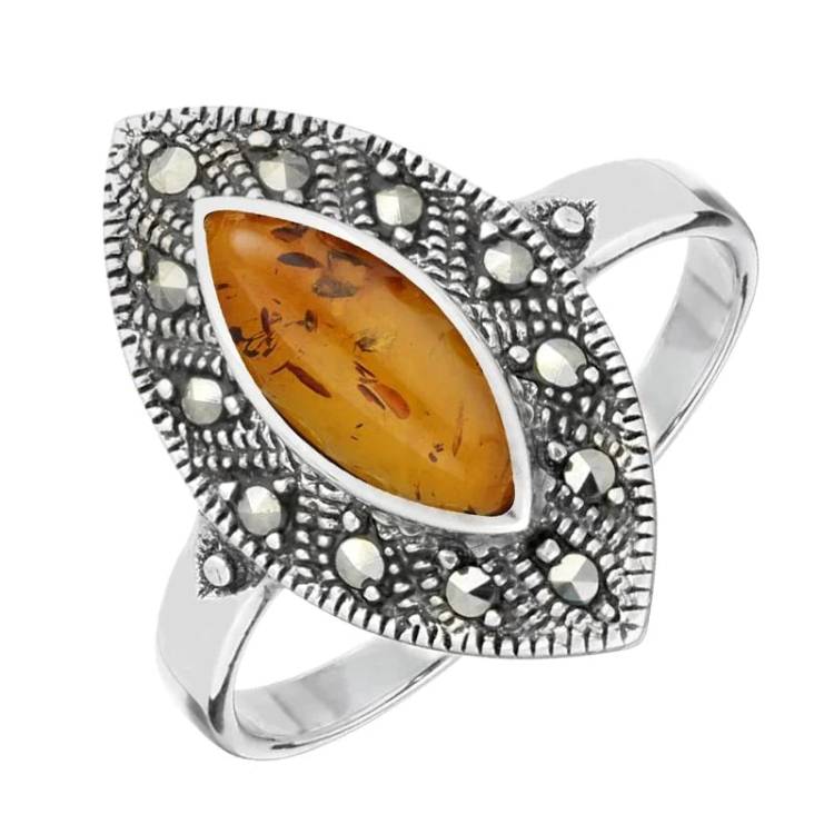 Sterling Silver Amber Marcasite Vintage Edge Marquise Ring - Silver
