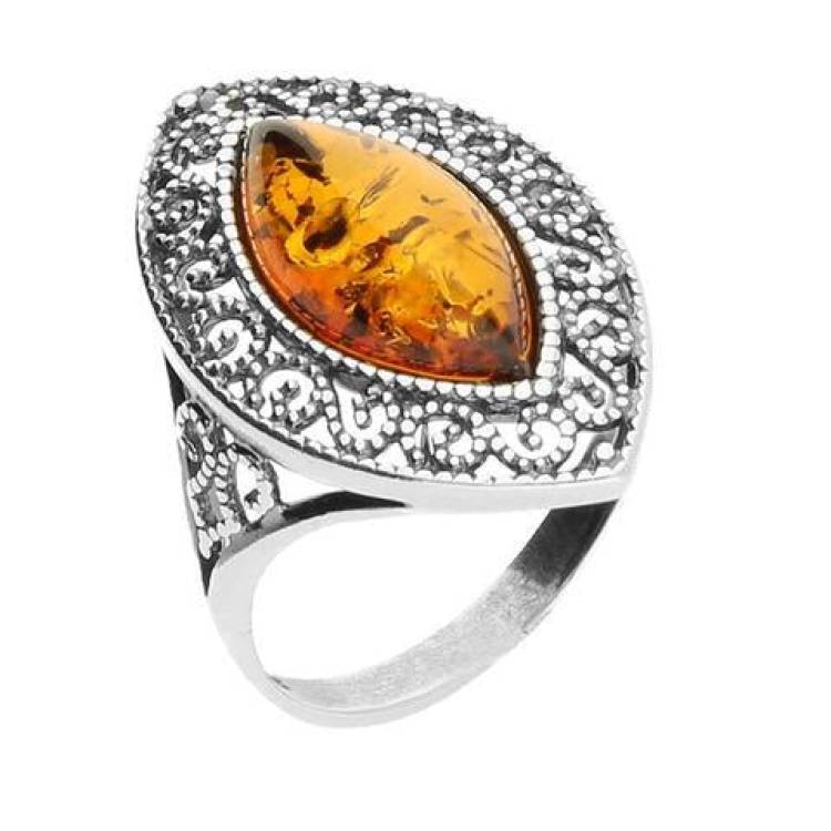 Sterling Silver Amber Marquise Cut Patterned Edge Ring - Option1 Value Silver