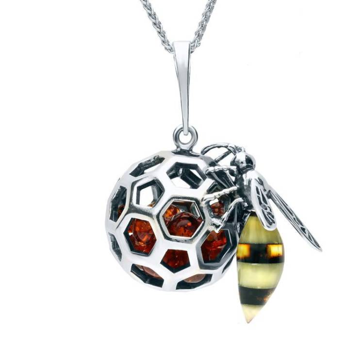 Sterling Silver Amber Medium Bee Honeycomb Ball Necklace - Option1 Value Silver