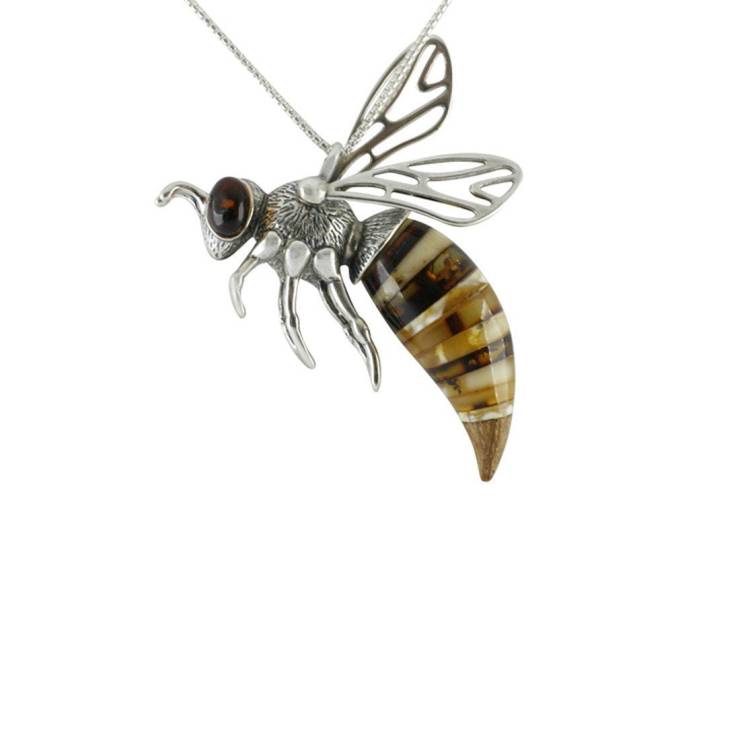 Sterling Silver Amber Medium Honey Bee Necklace - Silver