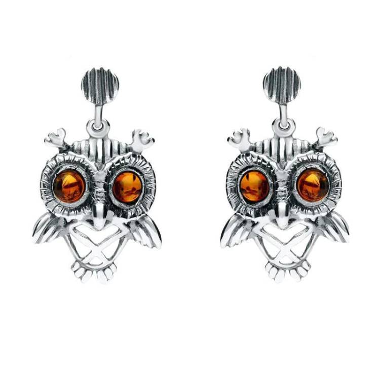 Sterling Silver Amber Orange Owl Stud Earrings - Option1 Value Silver