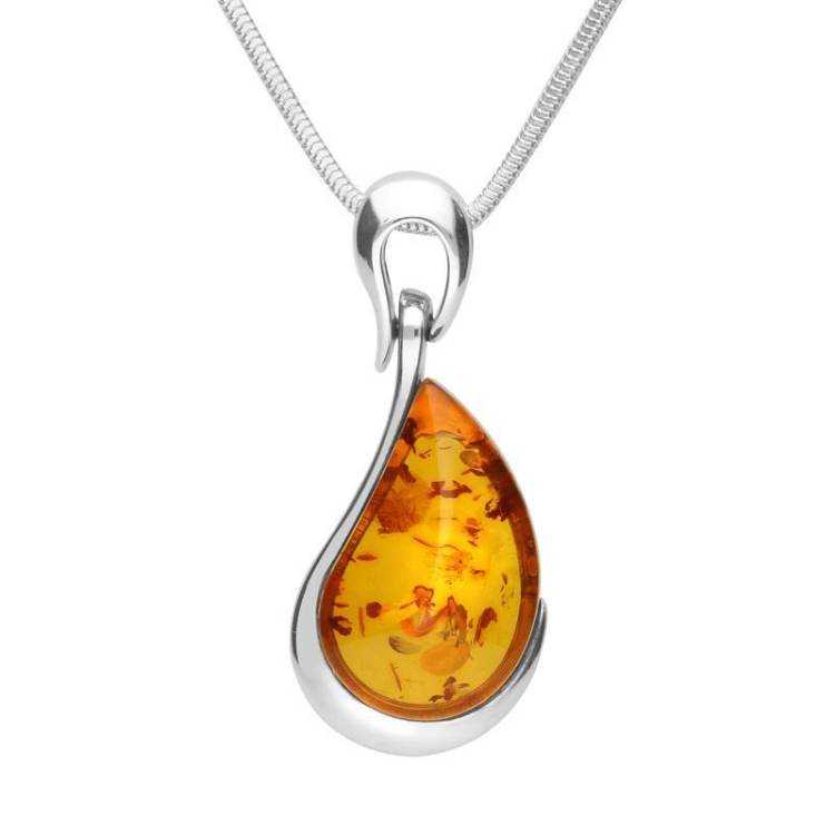 Sterling Silver Amber Organic Curved Pear Drop Necklace - Silver