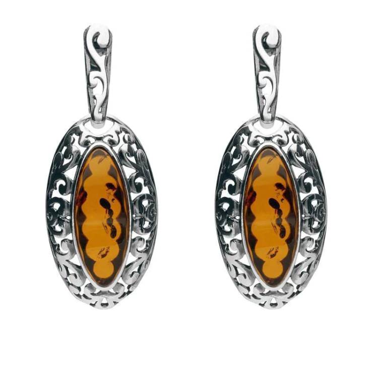 Sterling Silver Amber Ornate Edge Oval Drop Earrings - Option1 Value Silver