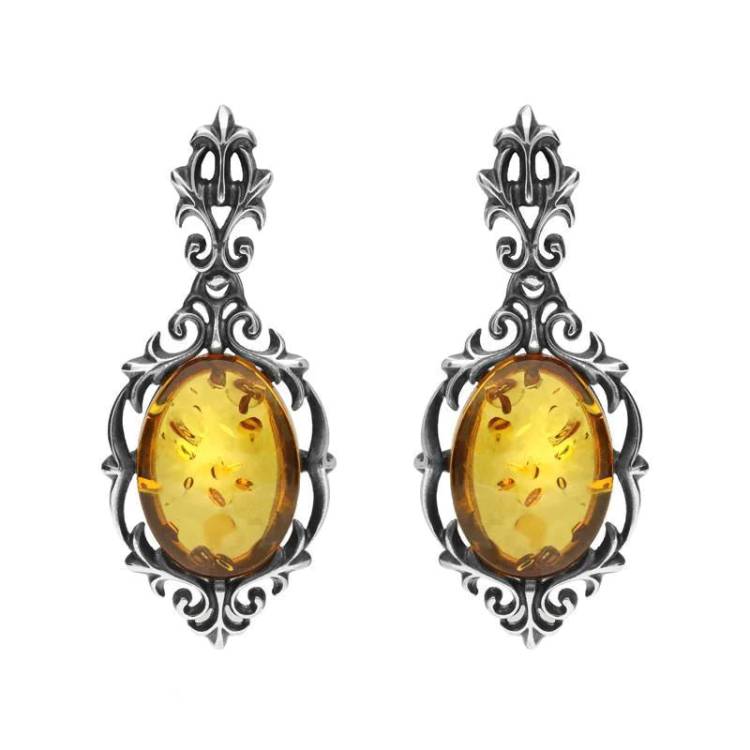 Sterling Silver Amber Oval Drop Earrings - Silver