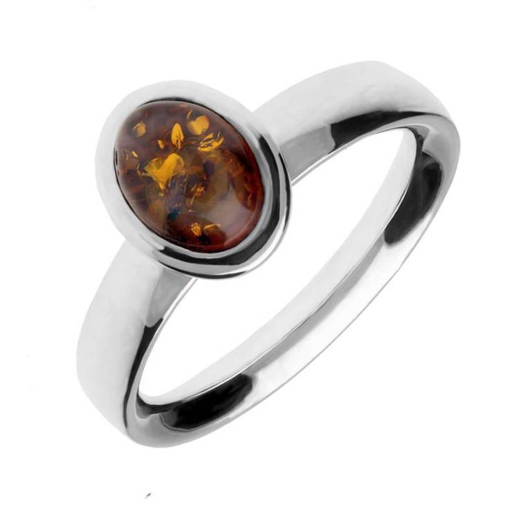 Sterling Silver Amber Oval Domed Ring - Silver