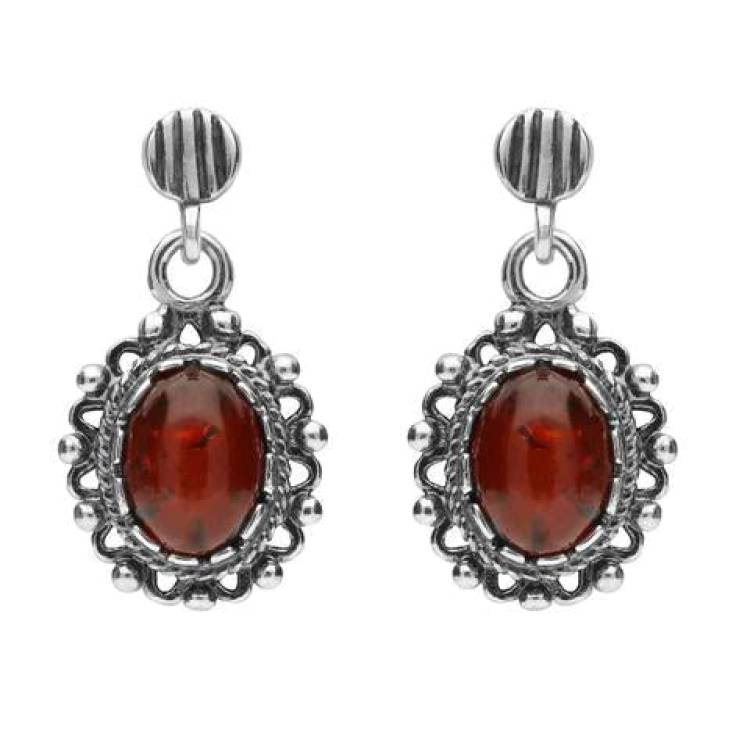 Sterling Silver Amber Oval Ornate Edge Drop Earrings - Option1 Value Silver
