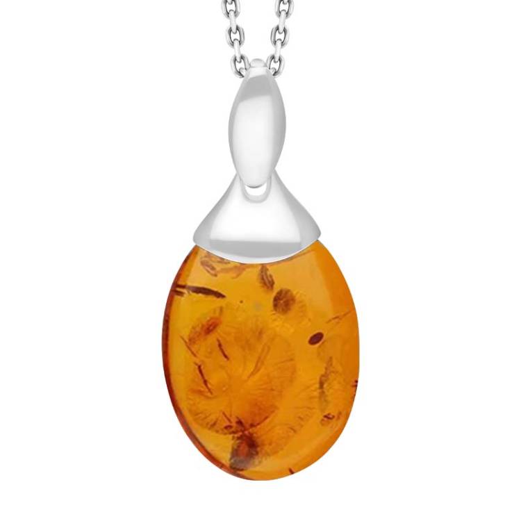 Sterling Silver Amber Oval Shaped Necklace - Silver