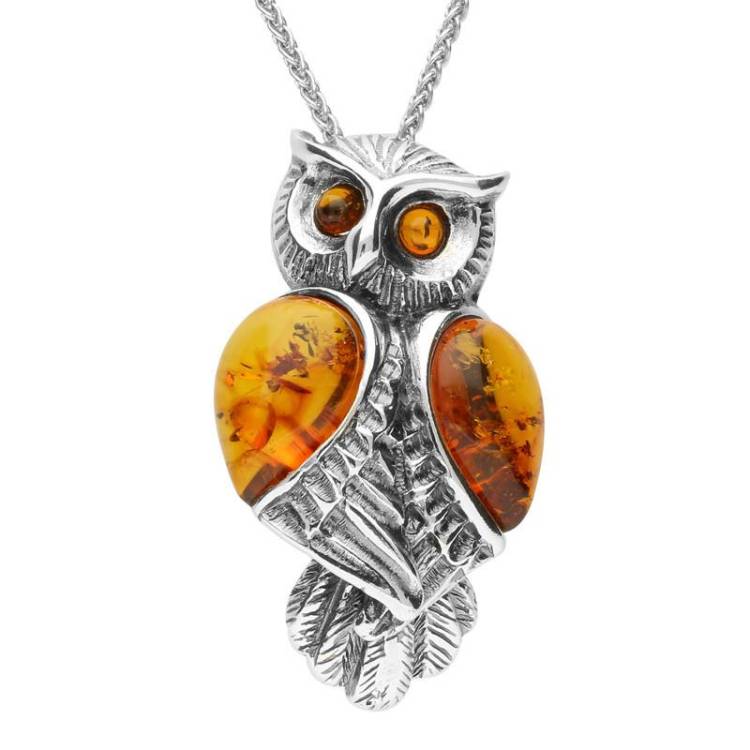 Sterling Silver Amber Owl Necklace - Option1 Value Silver